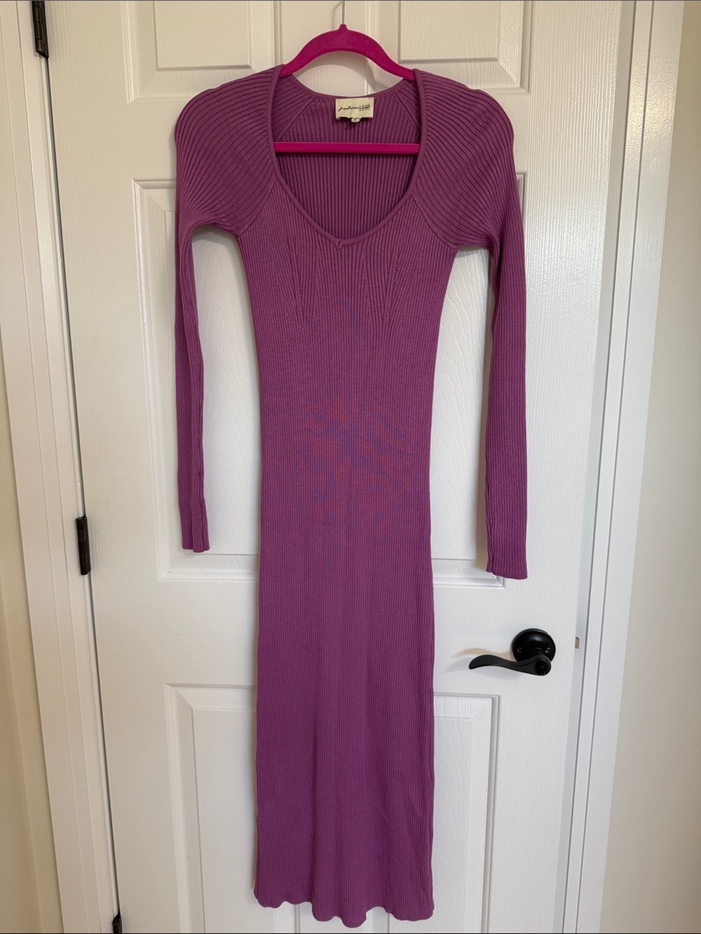 Slim Ribbed Long-Sleeve Knit Dress in Plum